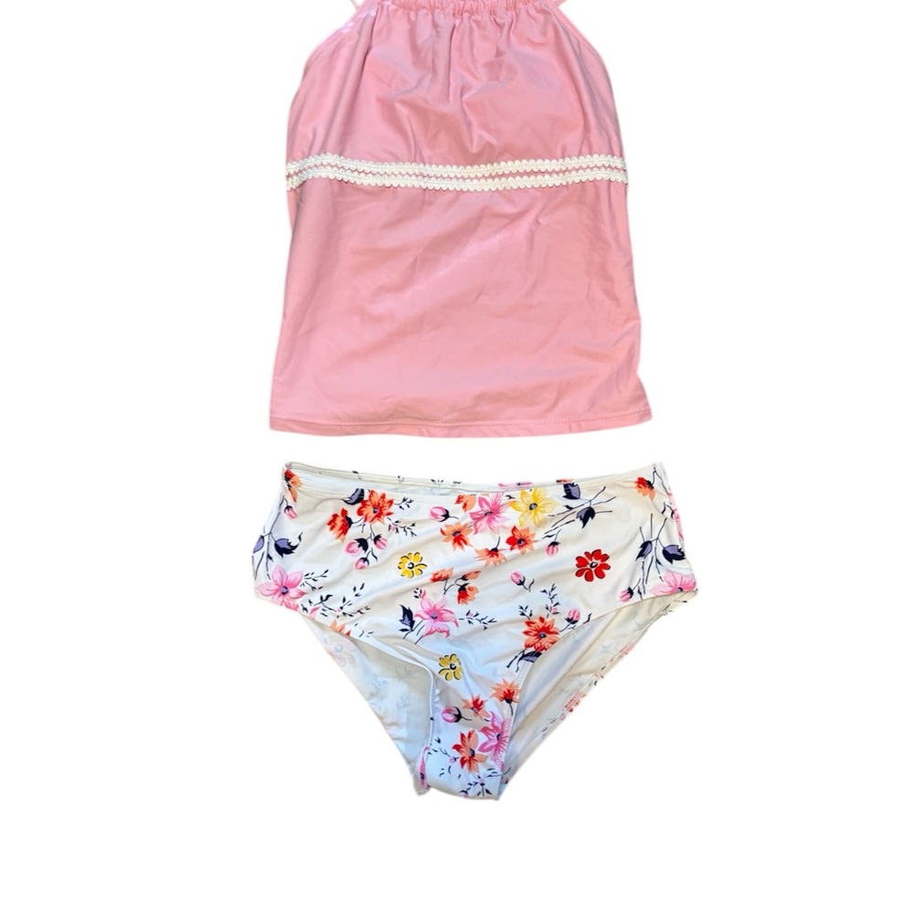 Pink Tankini Top and Floral High-Waist Bottoms